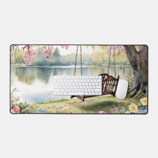 レイクサイドスイングinロマンチックな水のカラーガーデン デスクマット (キーボード&マウス)