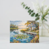 レイクサイド魚釣りコテージと睡蓮 ポストカード (スタンド正面)