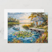 レイクサイド魚釣りコテージと睡蓮 ポストカード (正面/裏面)
