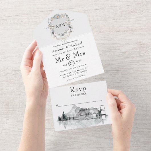 レイクサイ結婚ドのモノグラムクレスト オールインワン招待状 (貼ってはがせる)