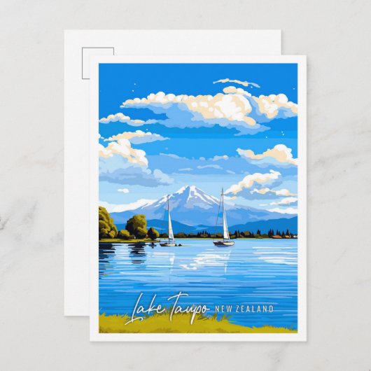 レイクタウポニュージーランドヴィンテージ旅行イラストレーション ポストカード (正面/裏面)