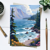 レイクタホの波打ち際 水彩画 旅行 ペイント カード