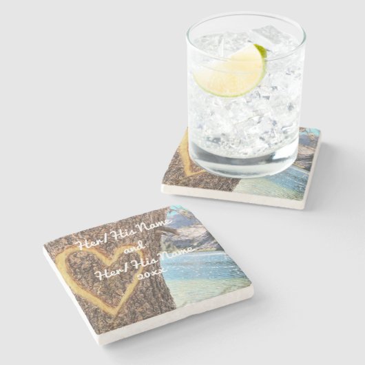 レイクタホブルーウォーターツリーハートラブ ストーンコースター (横)