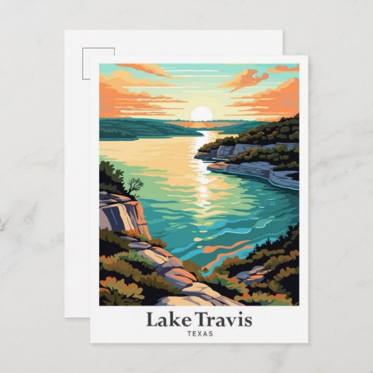 レイクトラヴィステキサス州アートヴィンテージトラベルイラストレーション ポストカード (正面/裏面)