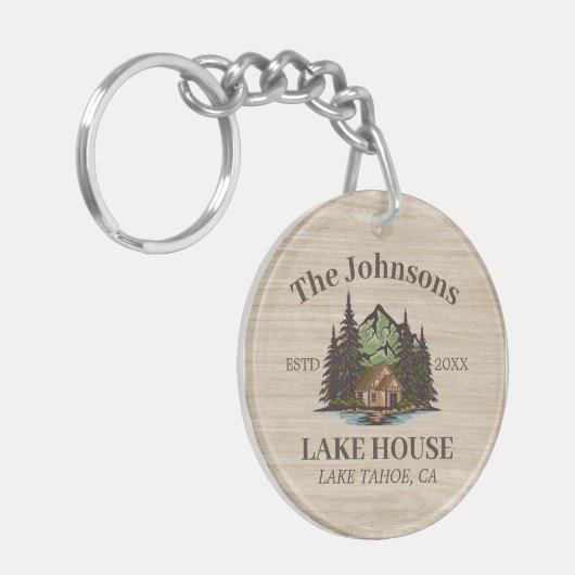 レイクハウスウッドをテーマにしたファミリー名パーソナライズされた キーホルダー (正面左)