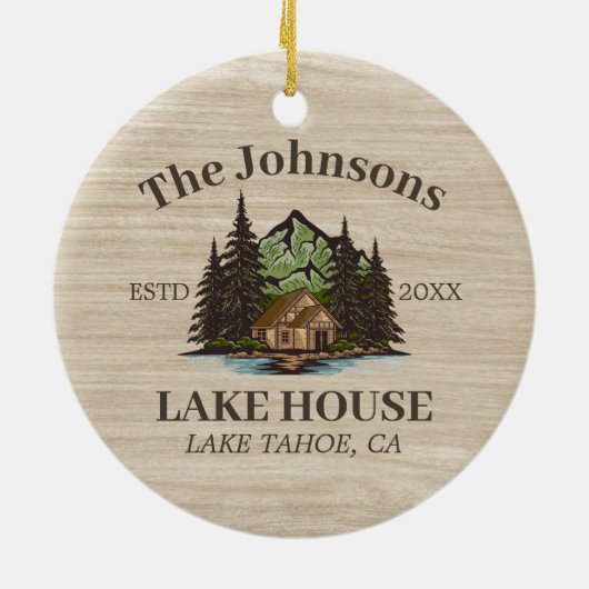 レイクハウスウッドをテーマにしたファミリー名パーソナライズされた セラミックオーナメント (裏面)