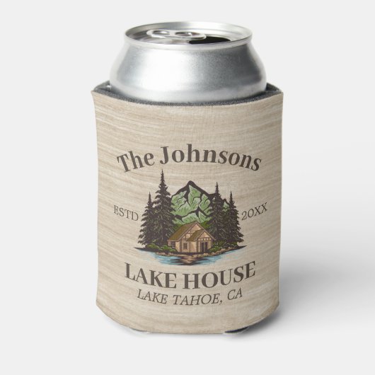 レイクハウスウッドをテーマにしたファミリー名パーソナライズされた 缶クーラー (缶裏面)