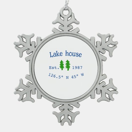 レイクハウスエッツ。年のカスタム座標追加n スノーフレークピューターオーナメント (正面)