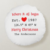 レイクハウスエッツ。日付の年のカスタム座標（赤） ラウンドクッション (裏面)