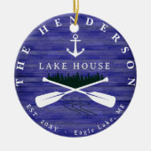 レイクハウスパインファミリーネームツリーウッドパーソナライズされた セラミックオーナメント (正面)