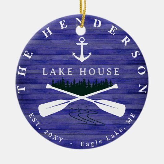 レイクハウスパインファミリーネームツリーウッドパーソナライズされた セラミックオーナメント (正面)
