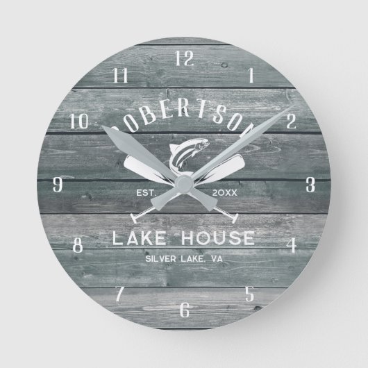 レイクハウスファミリーネーム素朴ティール（緑がかった色）ウッド ラウンド壁時計 (正面)