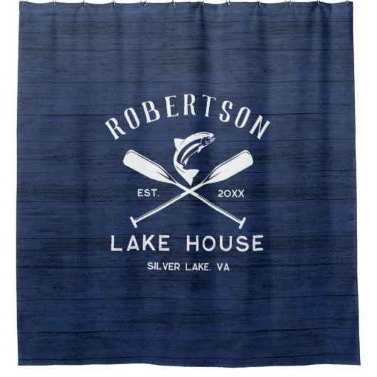 レイクハウスファミリーネーム素朴ブルーウッド シャワーカーテン (正面)