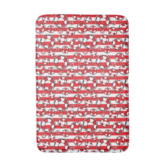 レイクハウスレッドホワイトビーチライフブイストライプズ バスマット (正面縦)