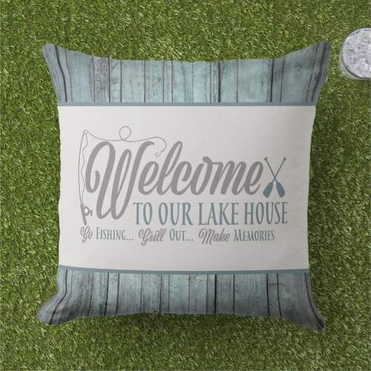 レイクハウスワードアート装飾用クッションへようこそ アウトドアクッション (芝生)