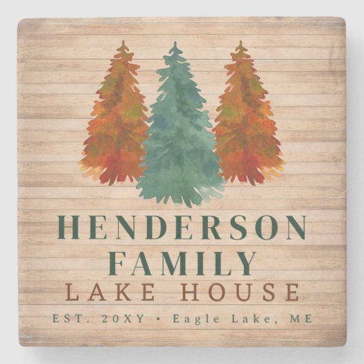 レイクハウス素朴レイクハウスボートウォーターカラーツリーズ ストーンコースター (正面)