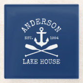 レイクハウス航海のファミリーいかりオアーズネイビーブルー ガラスコースター (正面)