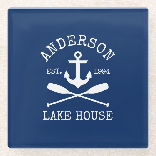 レイクハウス航海のファミリーいかりオアーズネイビーブルー ガラスコースター (正面)