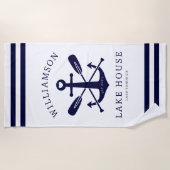 レイクハモダンウスファミリーネーム航海のホワイトブルー ビーチタオル (正面)