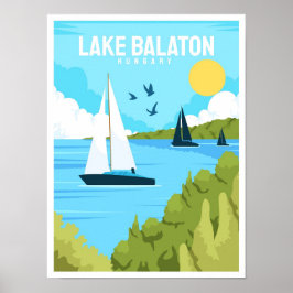 レイクバラトンハンガリーヴィンテージトラベルイラストレーション ポスター