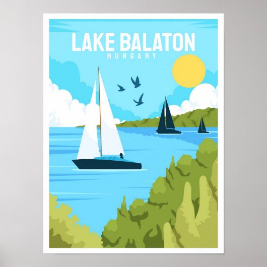 レイクバラトンハンガリーヴィンテージトラベルイラストレーション ポスター (正面)