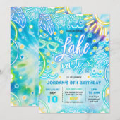レイクバースデーパーティースライドスプラッシュパッド絞り染めグロー 招待状 (正面/裏面)