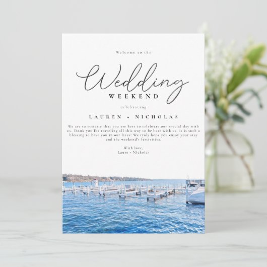レイクフロント結婚の週末のウェルカム旅程 招待状 (スタンド正面)