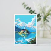 レイクブルスロベニアのヴィンテージ旅行イラストレーション ポストカード (スタンド正面)