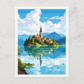 レイクブルスロベニアのヴィンテージ旅行イラストレーション ポストカード (正面)