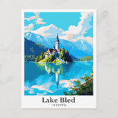 レイクブルスロベニアアートヴィンテージトラベルイラストレーション ポストカード (正面)