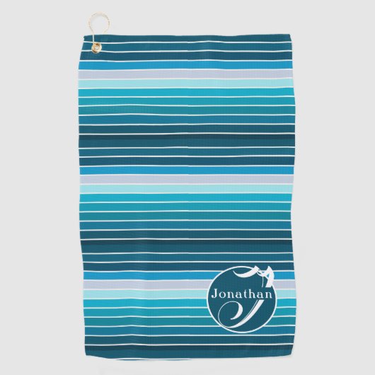 レイクブルーストライプネイビー、スカイブルー、アクアモノグラムの ゴルフタオル (正面)