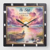 レイクボートはまだ日没 スクエア壁時計 (正面)