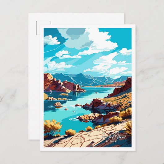 レイクミードアリゾナアートヴィンテージ旅行イラストレーション ポストカード (正面/裏面)
