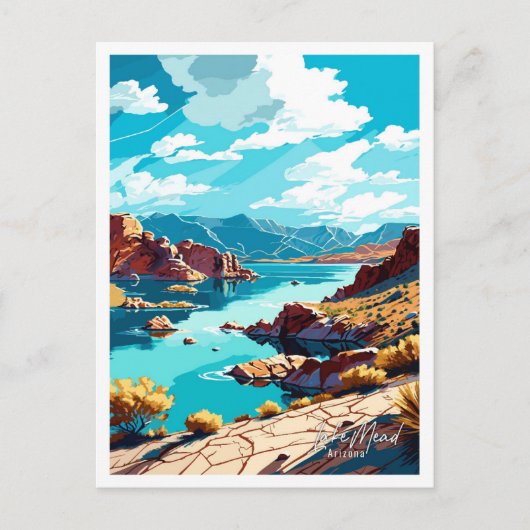 レイクミードアリゾナアートヴィンテージ旅行イラストレーション ポストカード (正面)