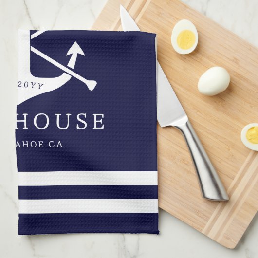 レイクモダンハウスファミリーネーム航海のネイビーブルー キッチンタオル (四つ折り)