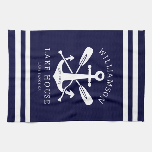 レイクモダンハウスファミリーネーム航海のネイビーブルー キッチンタオル (横)