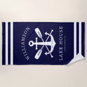 レイクモダンハウスファミリーネーム航海のネイビーブルー ビーチタオル (正面)