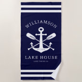 レイクモダンハウスファミリーネーム航海のネイビーブルー ビーチタオル (正面)