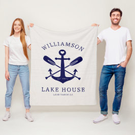 レイクモダンハウスファミリー名航海の |ネイビーブルー フリースブランケット