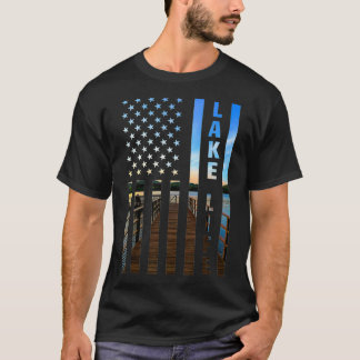 レイクライフアメリカンフラグ波止場サンセットパワーボートワック Tシャツ