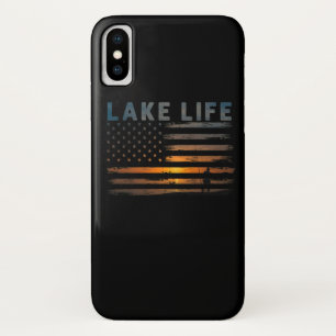 レイクライフフィッシャーマンサンセットアメリカ国旗バスフィッシュ iPhone X ケース