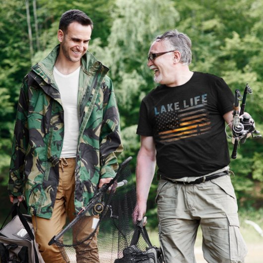 レイクライフフィッシャーマンサンセットアメリカ国旗 Tシャツ