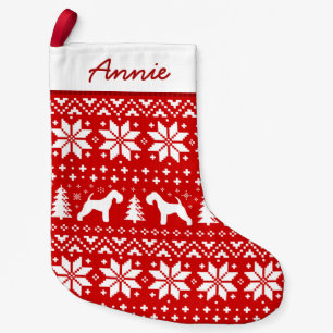 レイクランドテリアシルエットのパタ赤と白ーン スモールクリスマスストッキング