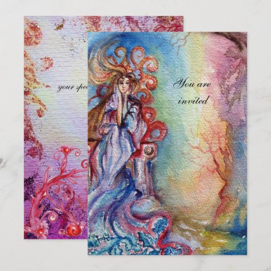 レイクレディ1、鮮やかな明るい青とピンク 招待状 (正面/裏面)