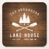 レイク素朴ハウスボートオアーズツリーズウッドプリント スクエアペーパーコースター (正面)