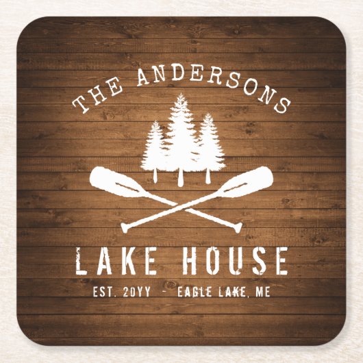 レイク素朴ハウスボートオアーズツリーズウッドプリント スクエアペーパーコースター (正面)