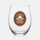 レイク素朴ハウスボートオアーズツリーズウッドプリント ステムなしワイングラス (正面)