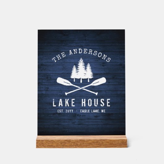 レイク素朴ハウスボートオアーズツリーズブルーウッドプリント アクリルサイン (正面)