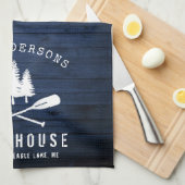 レイク素朴ハウスボートオアーズツリーズブルーウッドプリント キッチンタオル (四つ折り)