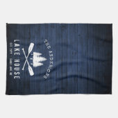 レイク素朴ハウスボートオアーズツリーズブルーウッドプリント キッチンタオル (横)